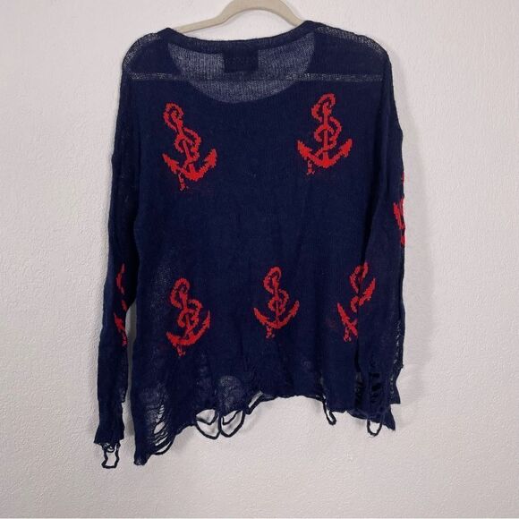 Wildfox White Label Navy Blue with Red Anchor Print Distressed Hem Sweater - Picture 2 of 6